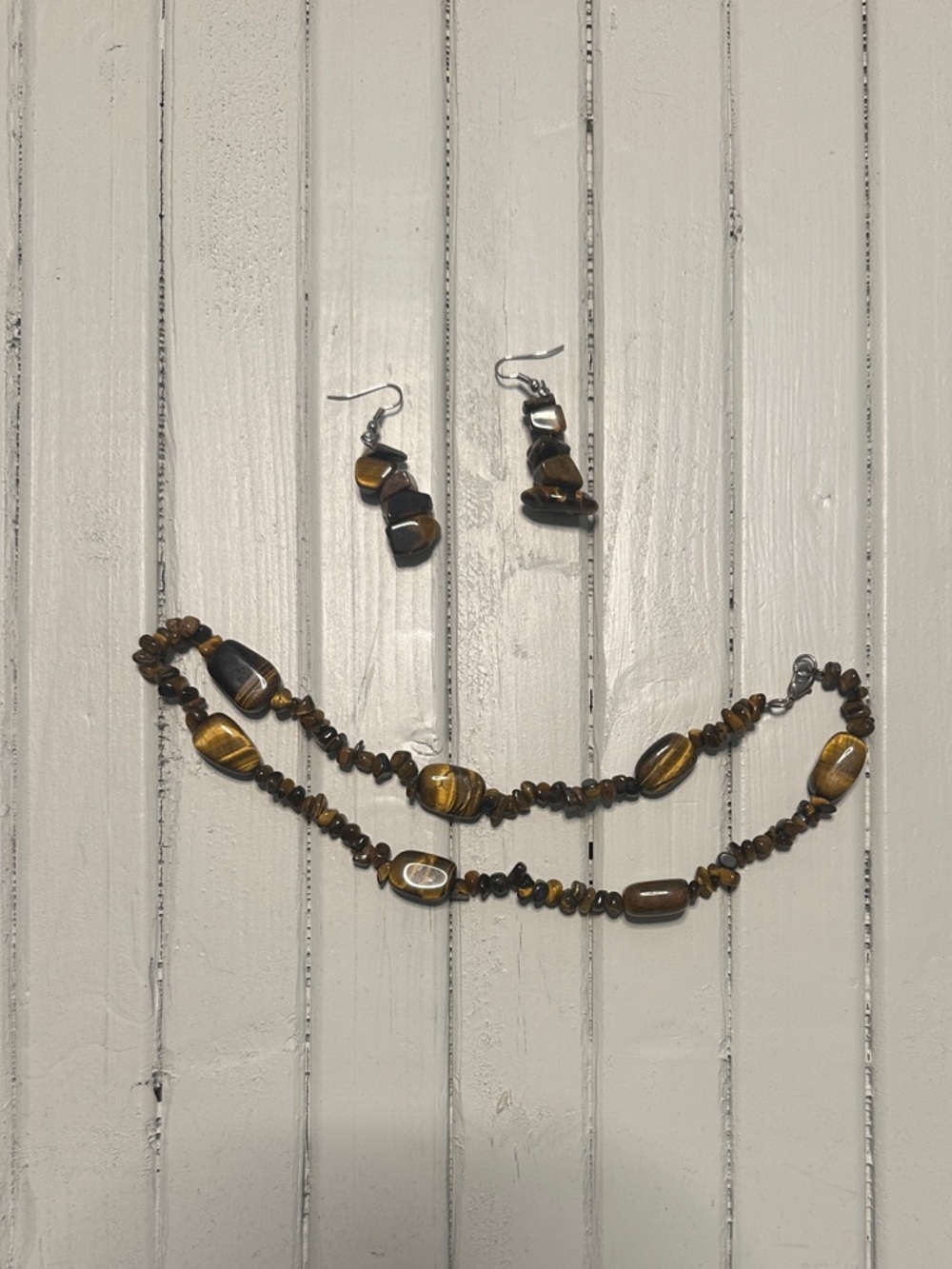 Tiger Eye Beaded Necklace and Earrings Set - Brown